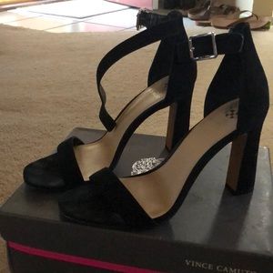 Black suede block- heel pump